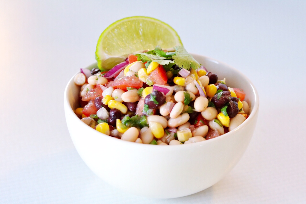 Mexican Corn & Bean & Corn Salsa Recipe - Black and White beans, corn, jalepenos, cilantro, lime juice, tomatoes, red onion