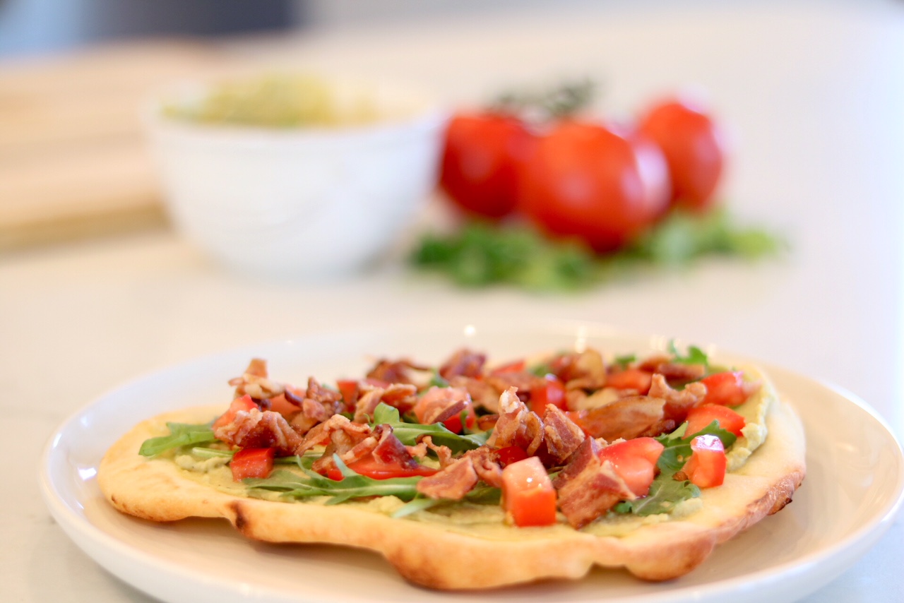 BLT Hummus Flatbread with Naan and Garbanzo Beans - S&W Garbanzo Beans
