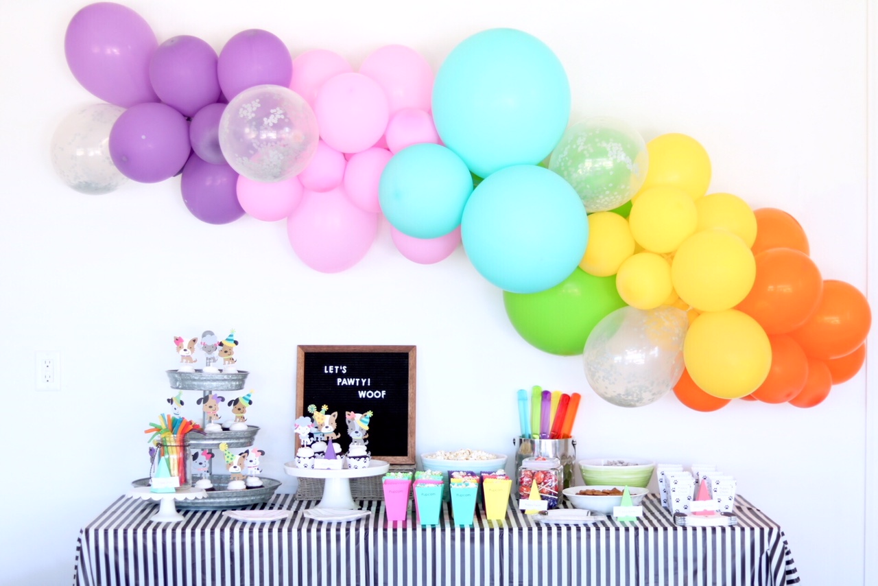 Puppy Themed Birthday Party, Let's Paw-ty!- Rainbow Neon Balloon Garland - Puppy Pawty Table Idea - Pupcakes - Dog Birthday Party - First Birthday Party - Girl birthday theme - Boy birthday theme - Dog party ideas - Rainbow Birthday Party #birthdayparty #birthdaytheme #firstbirthday #partysupplies #partytheme #partydecor #puppy #dog #rainbow #partyplanner #party #desserttable #cupcakes