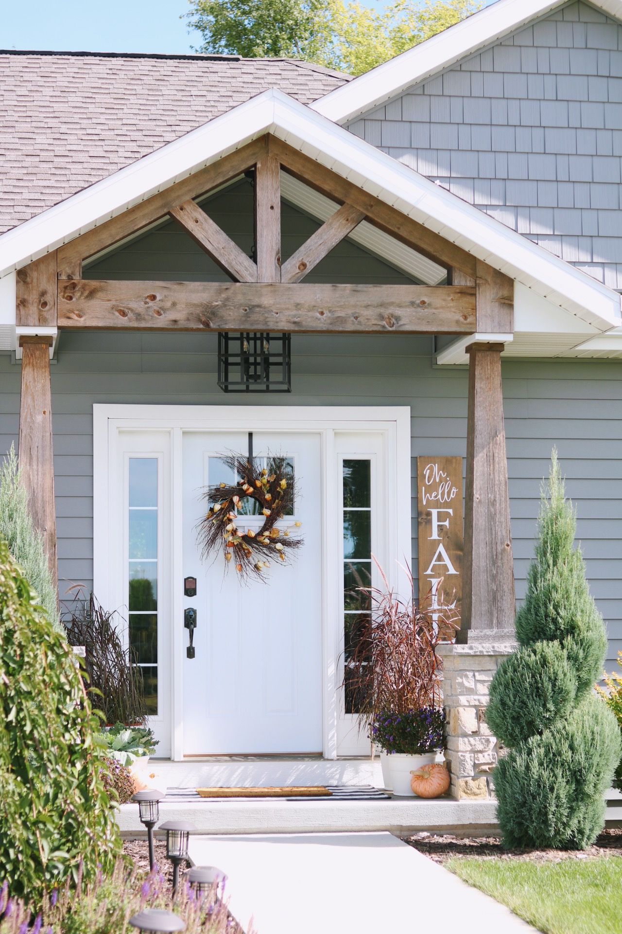 Fall Front Porch with Stained Gable and columns #fallporch #frontporch #falldecor